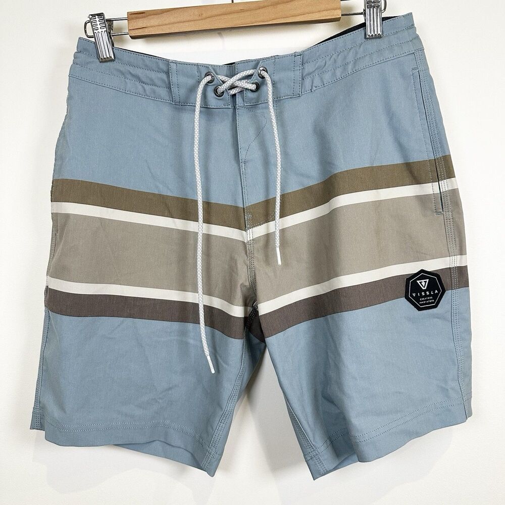 Vissla Board Shorts Mens 29 Blue Stripe Surf Swim Beach Pool  8" Inseam Pockets